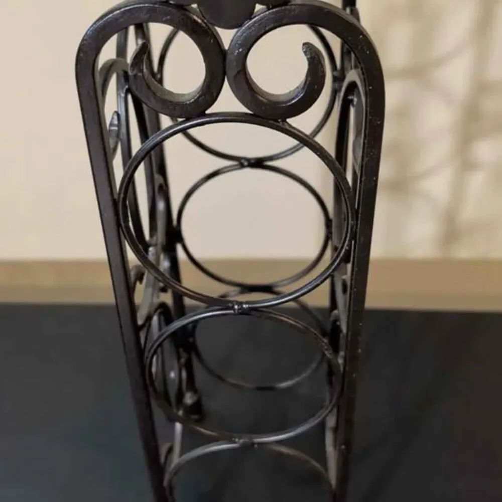 Vintage Wrought Iron Wine Rack 6 Bottle Holder Ornate Black Scroll Flower Design